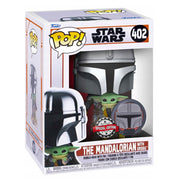 Pop Star Wars Mandalorian Mandalorian with Grogu Chrome Vinyl Figure Amazon Exclusive #402